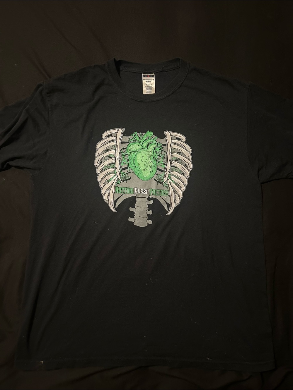Jerzees Black Short-Sleeve Tee with Green Anatomical Heart and Ribcage Graphic